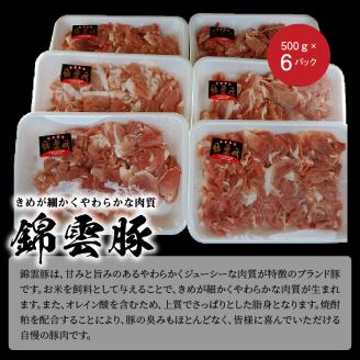 【ブランド豚肉】お米育ちの錦雲豚　切落し3㎏（500ｇ×6ｐ）　FN1202