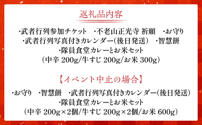 【必勝祈願】「限定5名 知恵の文殊大祭！2km練り歩き」《築上町》【NPO法人築上町観光協会】 [ABAX005]甲冑 鎧 武者 お守り 祈願 合格 イベント カレー レトルト セット 防災 保存 惣菜 米 鎧 武者 刀 侍 和 受験 日本 文化 祭り 祭 まつり