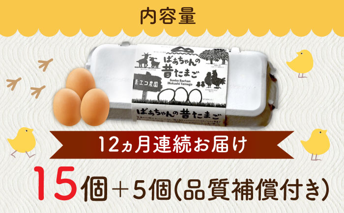 【全12回定期便】ばあちゃんの昔たまご 計240個（15個+5個×12回（品質補償付き）） / 卵 / 佐賀県 / 素ヱコ農園 [41AEAA006]
