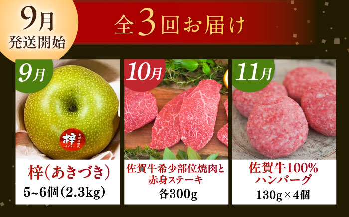 【2026年発送分 先行予約】【全3回定期便】梨（あきづき）と佐賀牛定期便 / ステーキ 焼肉 ハンバーグ / 佐賀県ふるさと納税 [41AAZZ025]