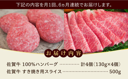 【ロマ佐賀】【全6回定期便】佐賀牛100％ハンバーグ4個と佐賀牛すき焼き用500g  / 牛肉 / 佐賀県 / 有限会社佐賀セントラル牧場 [41ASAA210]