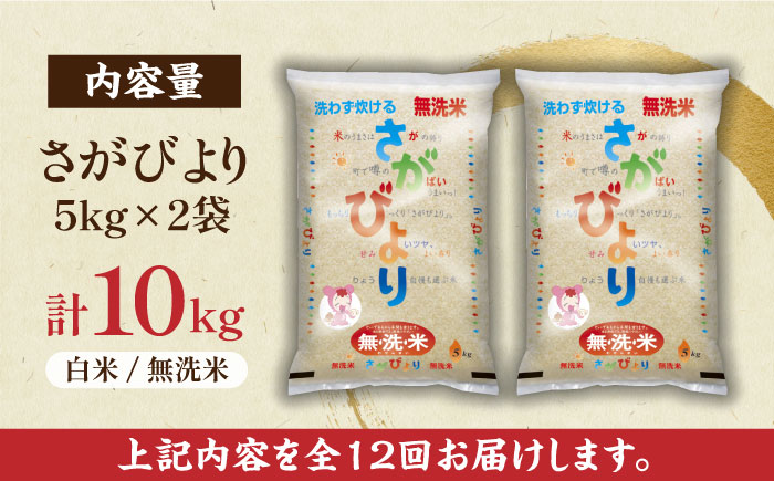 【全12回定期便】無洗米さがびより 白米 計120kg（5kg×2袋×12回）/ お米 / 佐賀県 / 株式会社JA食糧さが [41ADAR012]