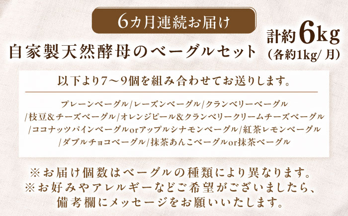 【全6回定期便】自家製天然酵母のベーグルセット 計約6kg（約1kg×6回） / 佐賀県 / パンと器のコネル [41AJAB005]