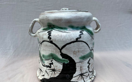 【唐津焼】叩き二彩唐津松竹梅文水指 / 佐賀県 / 太兵衛窯 [41ADBR016]