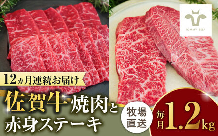 【ロマ佐賀】【全12回定期便】佐賀牛希少部位焼肉600gと赤身ステーキ600g 計14.4kg（600g×2種×12回） / 牛肉 / 佐賀県 / 有限会社佐賀セントラル牧場 [41ASAA048]