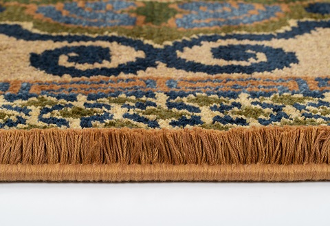 鍋島緞通[手織] 蟹牡丹文縁七宝 黄唐茶地：C812-006