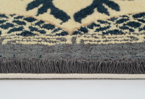 鍋島緞通 [手刺繍] 牡丹唐草七宝縁二重雷文 灰白地墨：D127-010