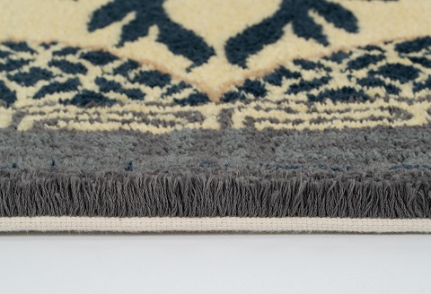 鍋島緞通[手刺繍]牡丹唐草七宝縁二重雷文/灰白地墨：C510-005