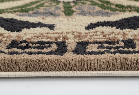 鍋島緞通[手刺繍]蟹牡丹と蝶文縁二重雷文/灰地青：D336-002