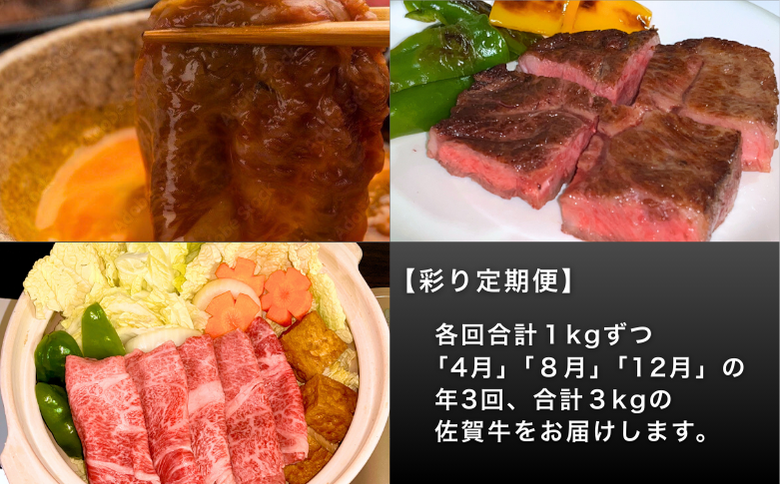 【定期便3回】佐賀牛（プレミアム）彩り定期便 すき焼き しゃぶしゃぶ ステーキ 焼肉 赤身 切り落とし 合計3kg：B875-001