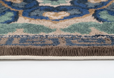 鍋島緞通 [手刺繍] 兜唐花縁雷文 中藍地灰地茶：C510-011