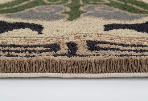 鍋島緞通 [手刺繍] 蟹牡丹縁二重雷文 灰地青：D127-011