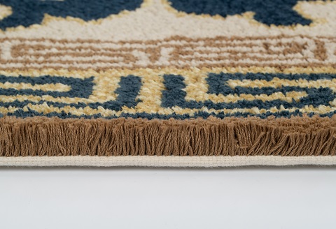 鍋島緞通 [手刺繍] 蟹牡丹唐草縁二重雷文　淡々墨茶地：D127-014