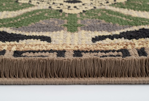 鍋島緞通[手織] 蟹牡丹紗綾形地縁二重雷文 灰地青：D253-007