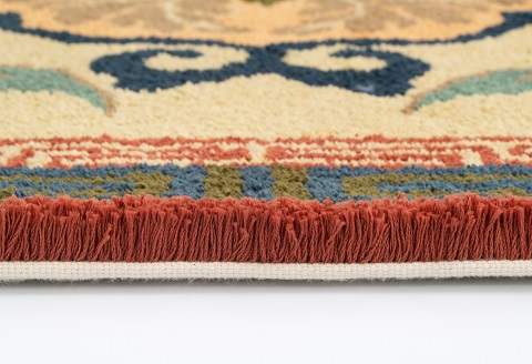 鍋島緞通[手刺繍]唐草芍薬文縁二重雷文/灰地緑：D127-005