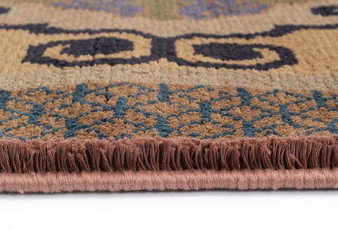 鍋島緞通[手織] 蟹牡丹文縁七宝 丁字茶地：D253-004