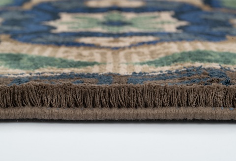 鍋島緞通[手織] 兜唐花紗綾形地縁雷文 中藍地灰地茶：D253-008