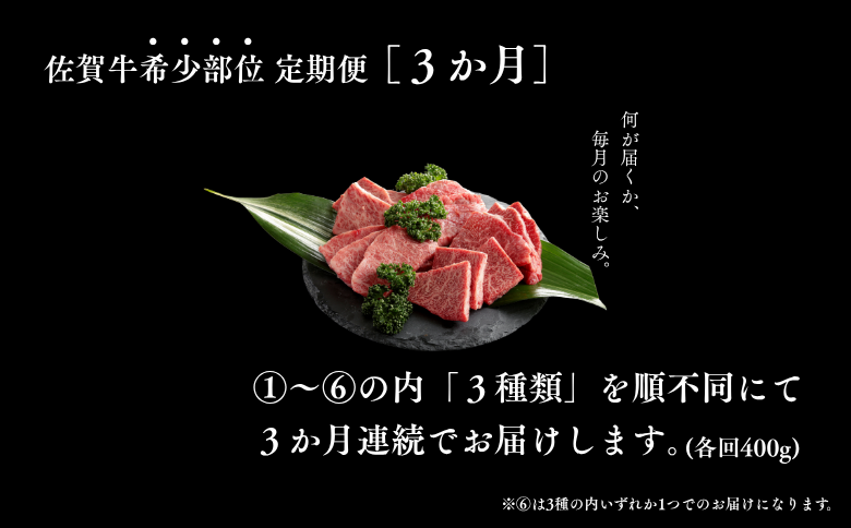 【定期便3回】佐賀牛 希少部位 定期便 3回 ザブトン 三角バラ イチボ とうがらし ミスジ トモサンカク カイノミ ササミ 400g×3回 黒毛和牛 牛肉 ブランド牛：B595-001