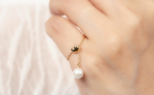 可愛い♪艶やかアコヤ真珠とチェーン＆ハートのフリーリング ジュエリー アクセサリー リング 指輪 真珠 パール K18 チェーンリング 美穂野 佐賀市 ：B850-017