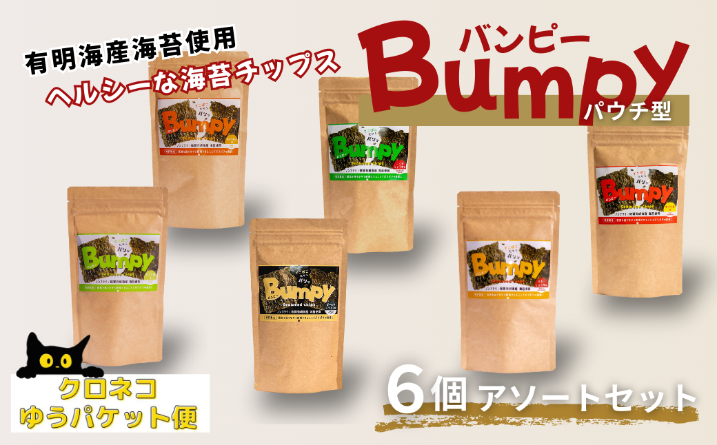 有明海産海苔使用 ヘルシーな海苔チップス「Bumpy（バンピー）」パウチ型6個アソートセット【クロネコゆうパケット利用】 フードロス削減 SDGs 有明海苔 有明海産 海苔 味付け海苔 スナック おやつ おつまみ：B100-068