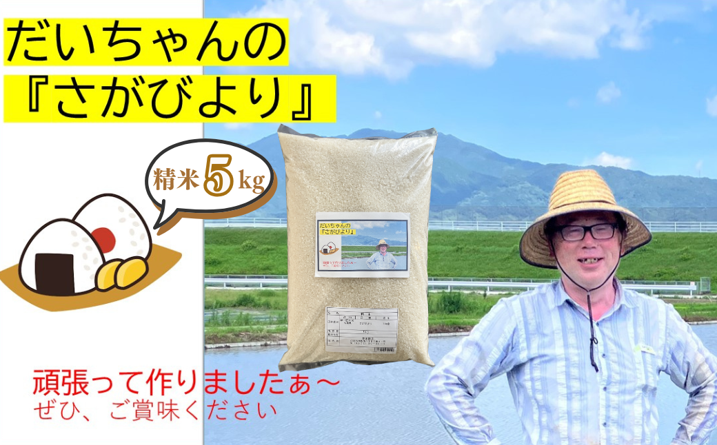 【新米】令和7年産 お米マイスターお勧め『だいちゃんの、さがびより』精米 5kg：B165-012