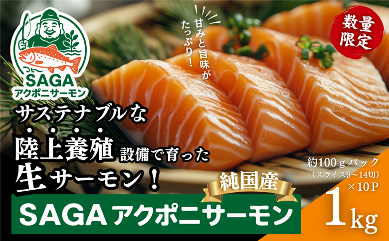 佐賀から未来へ！SAGAアクポニサーモン 1kg 100g×10P カット済 刺身 サーモン トラウトサーモン 国産 生食 陸上養殖 アクアポニックス 高品質 佐賀市産 海鮮 魚介 魚 冷凍 小分け 解凍するだけ 海鮮丼 カルパッチョ 寿司 鮭 佐賀県 佐賀市 ：B400-007