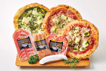 ナポリ風石窯ピザ3枚（20cm）ともち豚ハム・ソーセージの詰合せ【冷凍ピザ】幻の鉄道トンネルで長期熟成