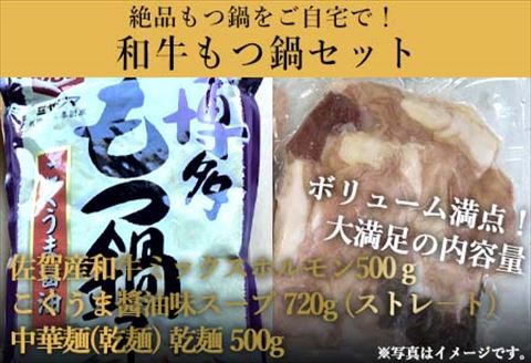 和牛もつ鍋セット 佐賀産和牛ミックスホルモン500ｇ こくうま醤油味ス－プ 乾麺 (3～4人前)