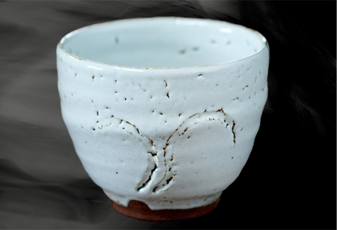 唐津焼 白唐津 彫絵 杯 三代中野霓林作
