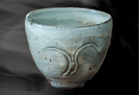 唐津焼 粉引唐津 彫絵 杯 三代中野霓林作