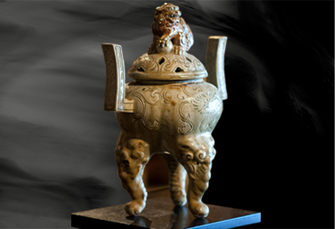 唐津焼 青唐津耳付獅子三脚香炉 三代中野霓林作 一点物