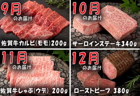 【定期便全12回】佐賀牛定期便「サーロイン(2回)・ローストビーフ(3回)・肩ロース・ハンバーグ(2回)・ロースブロック・カルビ(ロース)・カルビ(モモ)・しゃぶしゃぶ(ウデ)」 毎月発送いたします!
