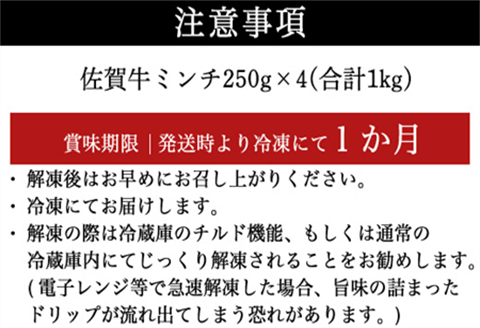 【2月より順次発送】厳選佐賀牛 牛ミンチ 250g×4(合計1kg) 佐賀牛100％使用！ご家庭でお好きな料理に大変身！ハンバ－グ ミートソース そぼろ 小分け ひき肉