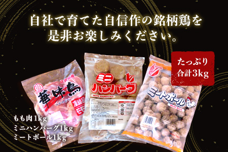 佐賀県唐津市産 華味鳥もも肉1kg×1P・ミニハンバーグ1kg・ミートボール1kg(合計3kg) 鶏肉 唐揚げ 親子丼 お弁当