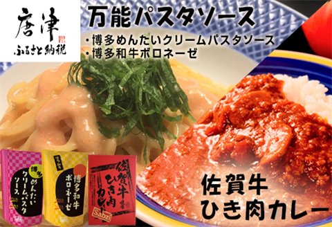 佐賀牛ひき肉カレー(180g×3食)と万能パスタソース(博多めんたいクリームパスタソース120g×3袋・博多和牛ボロネーゼ120g×3袋)セット 簡単 レトルト スパゲッティ「2024年令和6年」