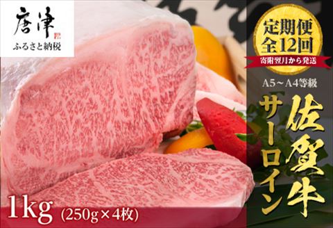「定期便全12回」佐賀牛サーロイン1kg(250g×4枚)寄附翌月から発送
