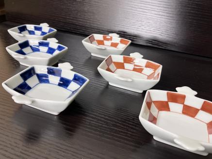 伊万里焼 市松コヅチ豆鉢（青・赤）6個セット 165-H1066