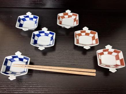 伊万里焼 市松コヅチ豆鉢（青・赤）6個セット 165-H1066