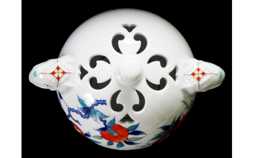 【伊万里焼】市川冬山窯「色鍋島柘榴文台付香炉」 037-H754