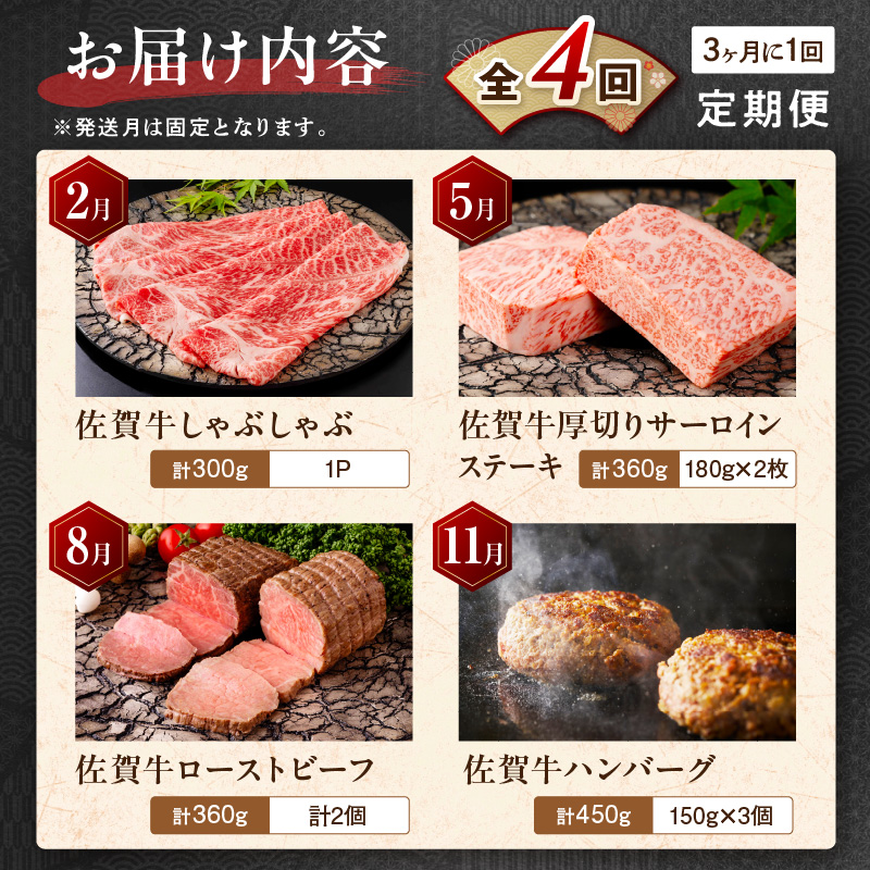 【発送月固定 定期便】肉の定期便！ 佐賀牛 を3ケ月に1回お届け！ 全4回 999-J1168