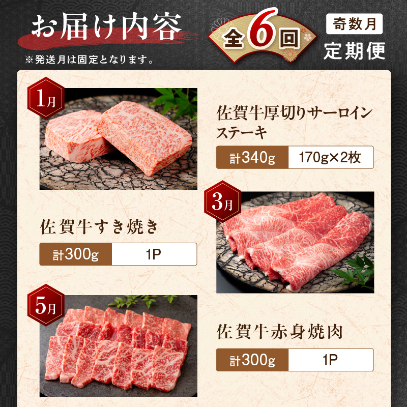 【発送月固定 定期便】肉の定期便！ 厳選 佐賀牛 隔月お届け（奇数月）全6回 999-J1169