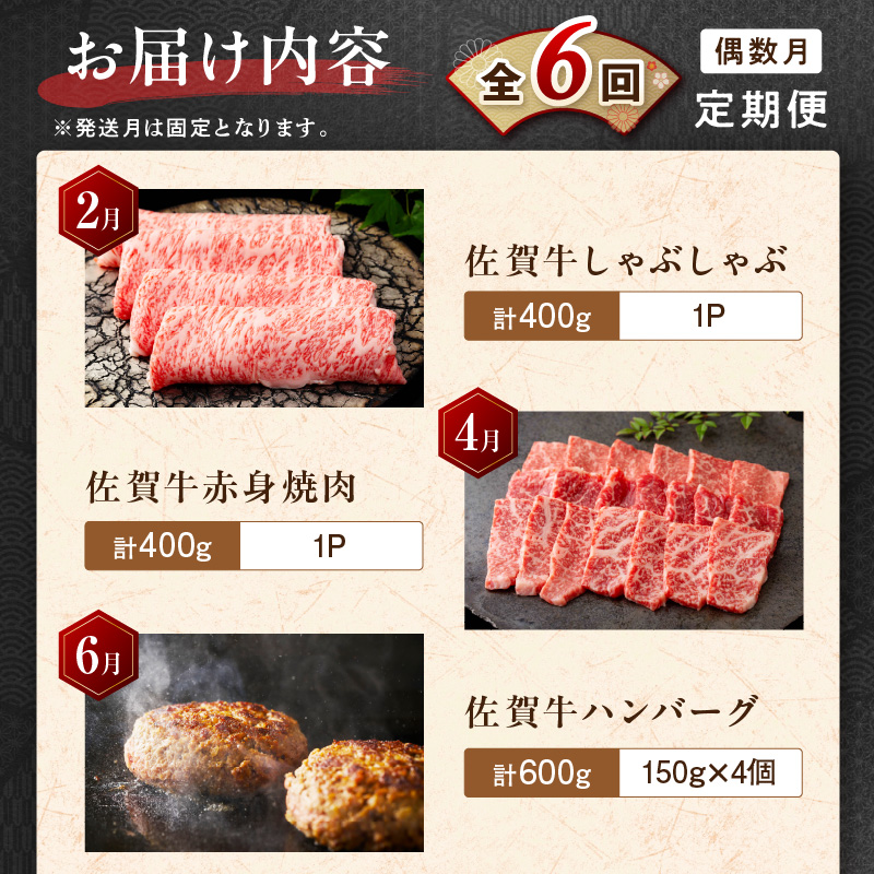 【発送月固定 定期便】肉の定期便！ 厳選 佐賀牛 隔月お届け（偶数月）全6回 999-J1170