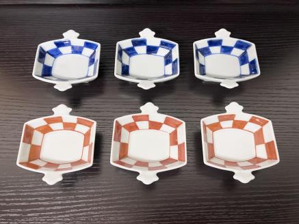 伊万里焼 市松コヅチ豆鉢（青・赤）6個セット 165-H1066