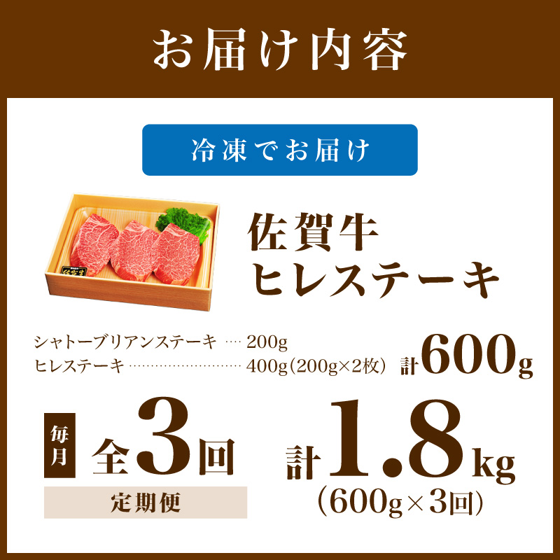 佐賀牛 シャトーブリアンステーキ200g ヒレステーキ400g（200g×2枚）合計600g 全３回 定期便 999-J1431