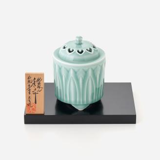 青磁鎬彫筒型香炉 027-H1008