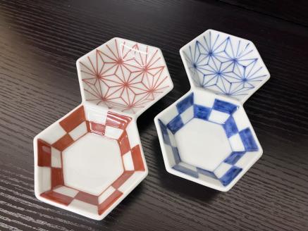 伊万里焼 麻市松亀甲二品盛（青・赤） 165-H1062