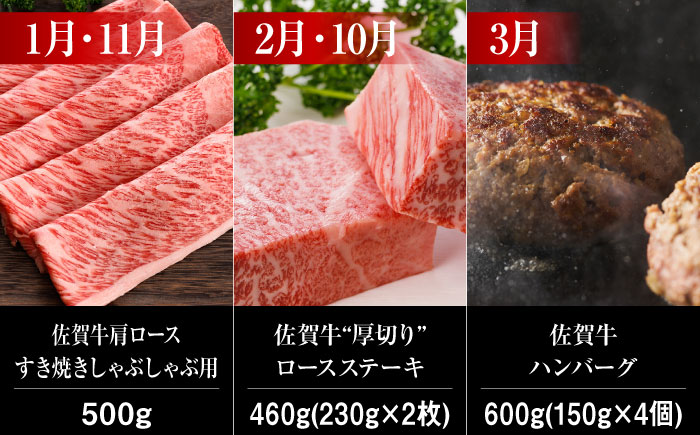 【全12回】 A5ランク 佐賀牛 霜降り 食べ比べ 定期便 約2-3人前 総計5.52kg /焼肉どすこい [UCC005] 最高級 牛肉 肉 ステーキ スライス ローストビーフ 焼肉