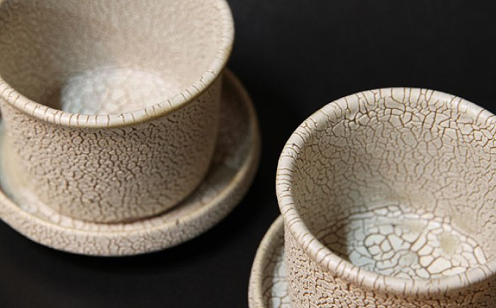 【東馬窯】梅華皮釉カップ＆ソーサー2個セット [UCI004] 焼き物 やきもの 器