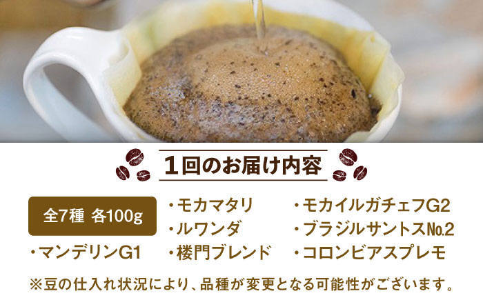 【12回定期便】おすすめ コーヒー 100g×7種（豆） / Coffee shop 喜蔵 [UAL009] 豆 挽き 飲み比べ セット 豆