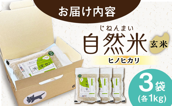 栽培期間中 農薬・化学肥料不使用 令和7年産 新米 自然米 玄米 3kg（ヒノヒカリ 1kg×3袋）/自然庵 [UCQ021]